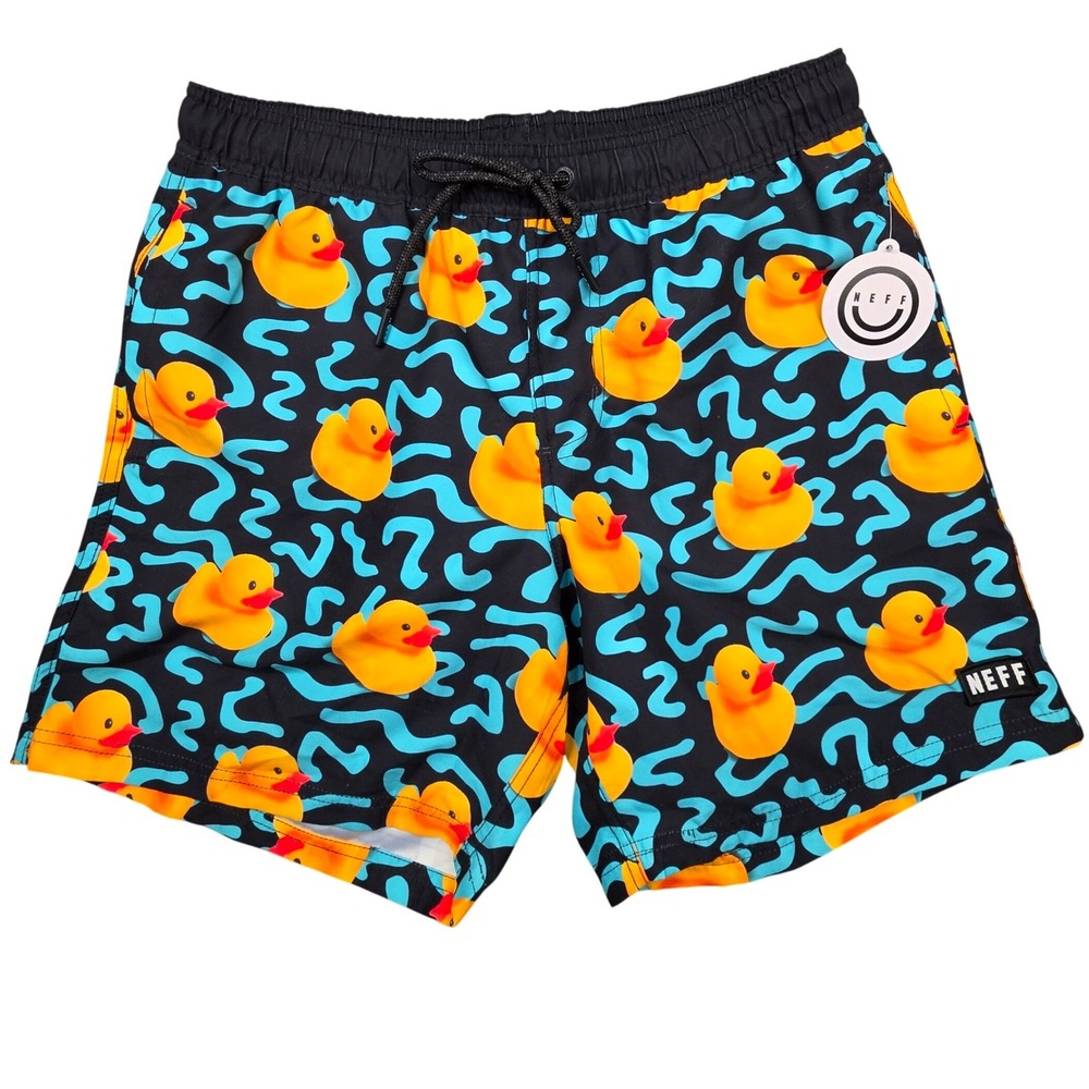 Rubber Ducky Print Swim Trunks Black Teal Yellow Mens Medium Neff